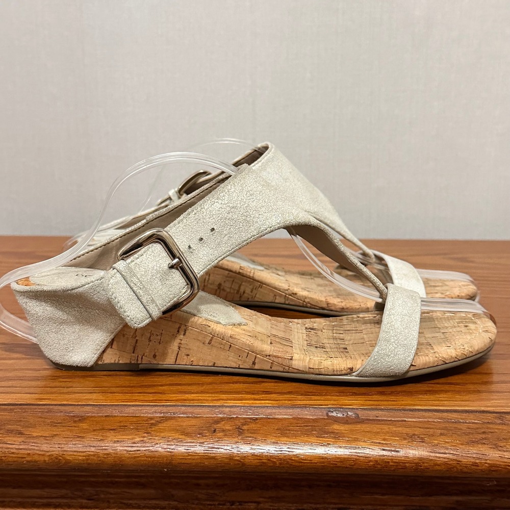 Donald Pliner Silver Metallic Leather Cork Wedge T-Strap Sandals 9M